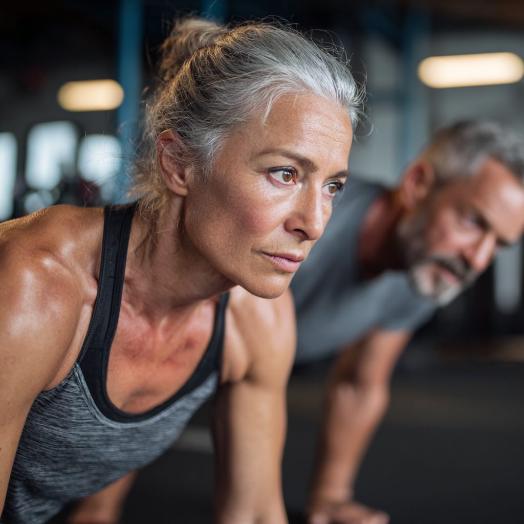 51 years old adults engaging in strength building exercises with focused determination
