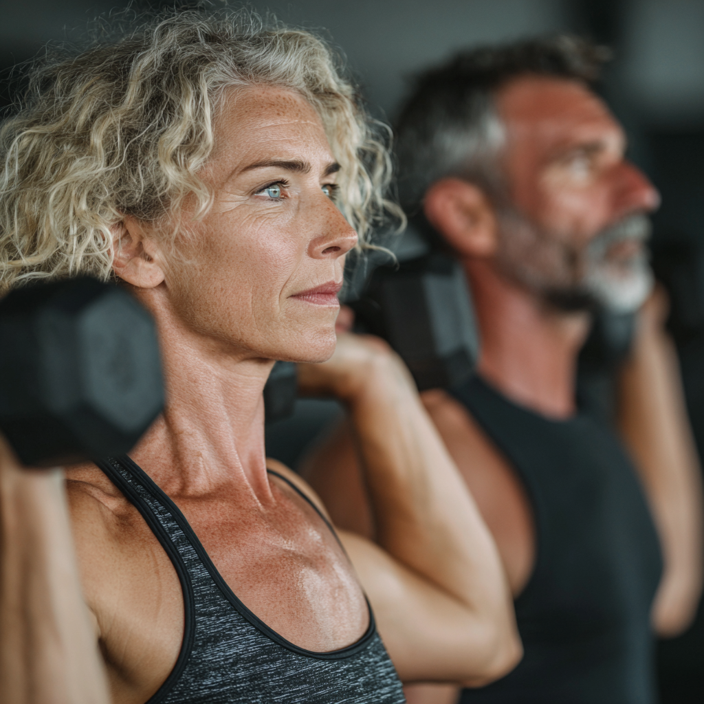52 years old adults engaging in strength building exercises with focused determination